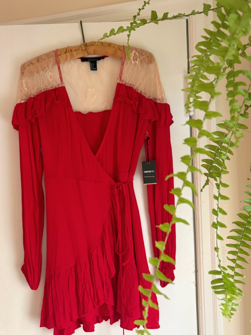 Forever 21 Red Lace-Shoulder Wrap Dress
